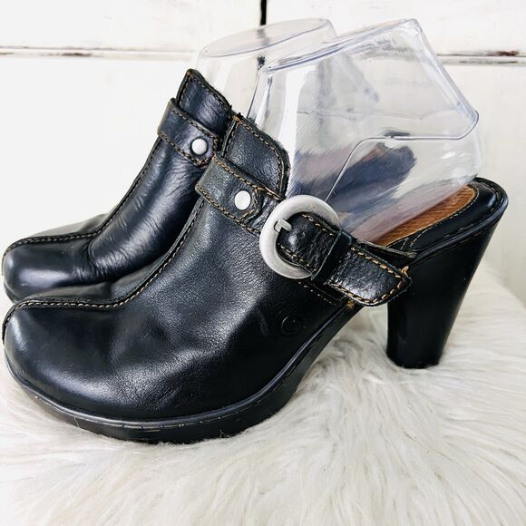 Boc Born Concepts Black Leather Heeled Clogs Mules - Size US9 EU40 - Picture 1 of 9